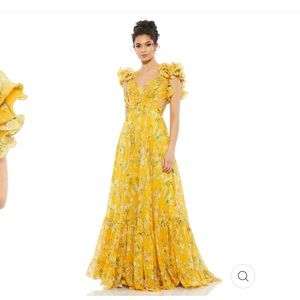 Mac Duggal Yellow Ruffle Tiered Floral Cut-Out Chiffon Gown, brand new, Size 6
